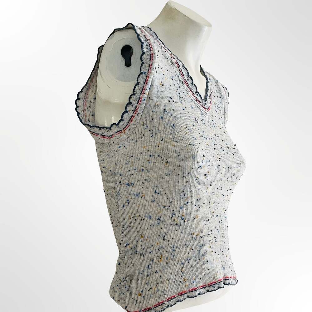 Vintage 70s Gray Heathered Rainbow Speckle Knit Vest Top With Plaid Stripe - Picture 2 of 6